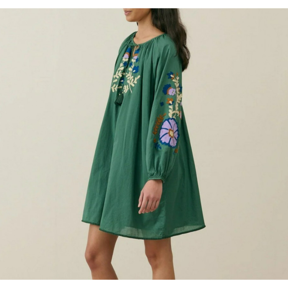 Louise Misha Embroidered Swing Dress Size XS Green Cotton Lined Pockets Boho